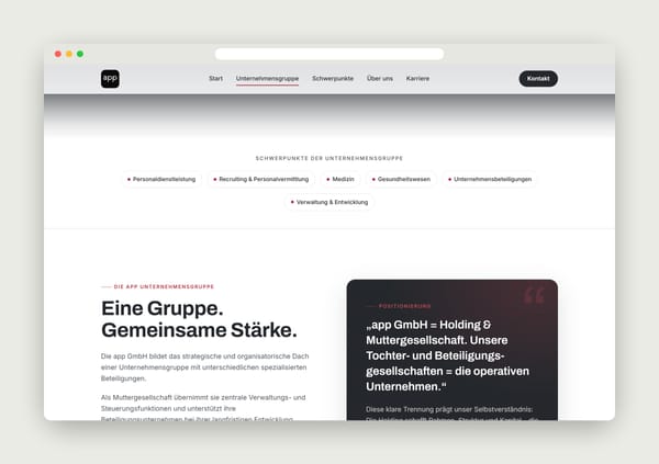 Abschnitt „Eine Gruppe. Gemeinsame Stärke.“ der Website der app GmbH in der Desktop-Ansicht
