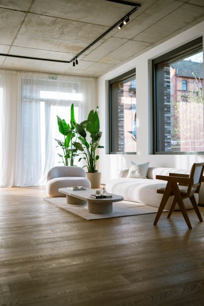 Helle Lounge im Pilates-Studio The Studio mit runden Polstermöbeln, Holzstuhl und großen Pflanzen im Sonnenlicht